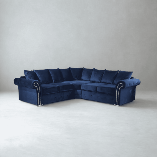Royal blue corner sofa showcasing bold elegance and ultimate comfort for modern homes.