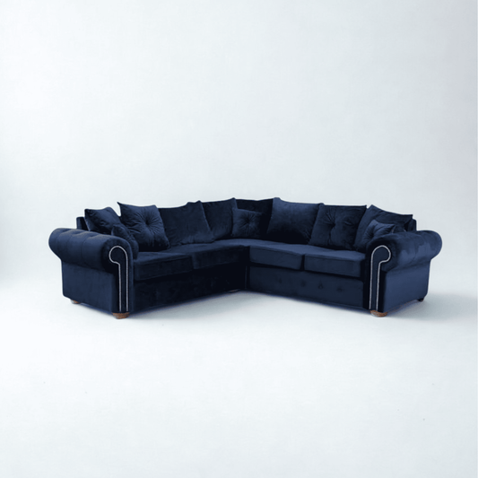 Amazing modern corner sofa dark blue in a stylish corner layout with plush cushions and elegant design.