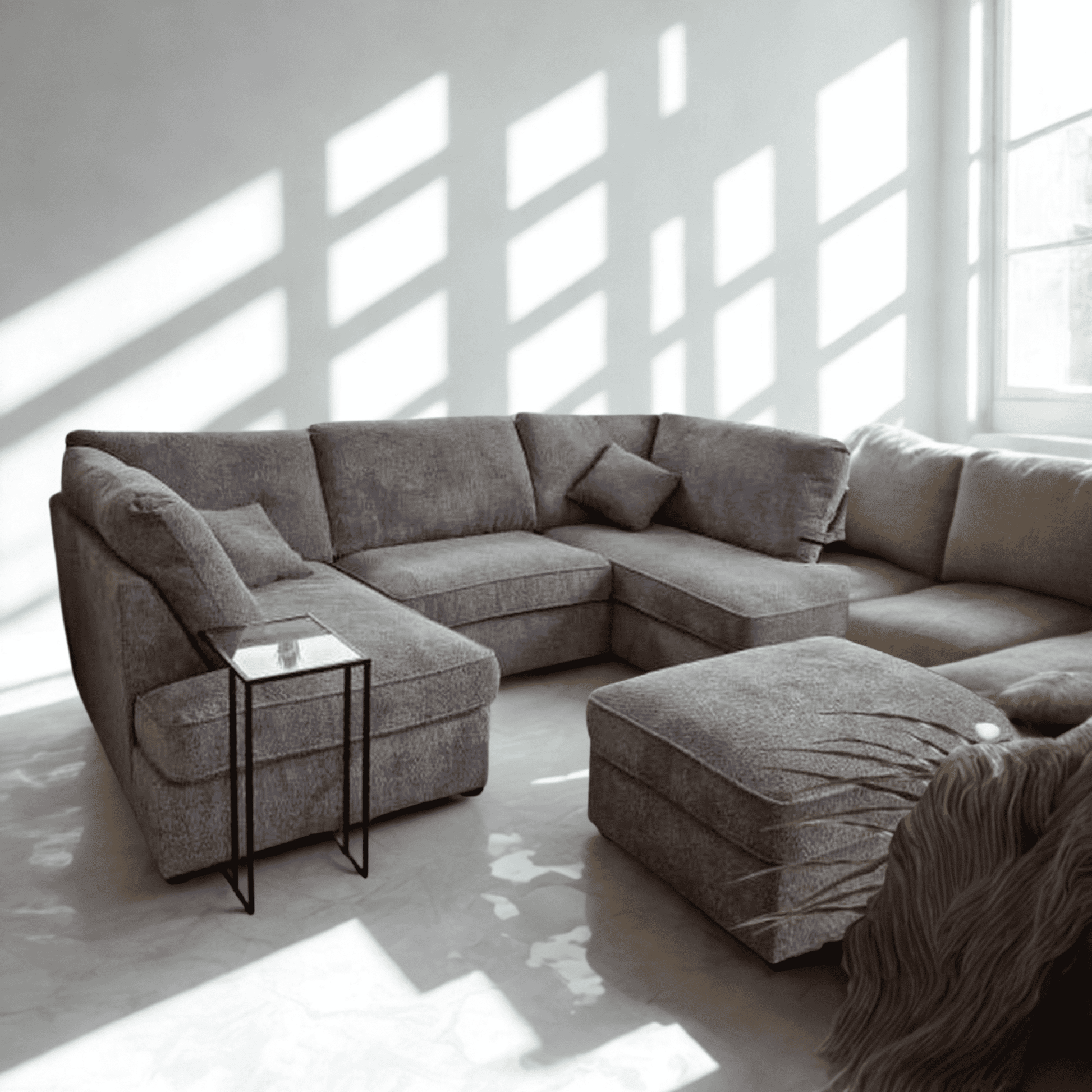 Spacious U-Shape Modern Sofa in a bright living room with soft textures and natural light.